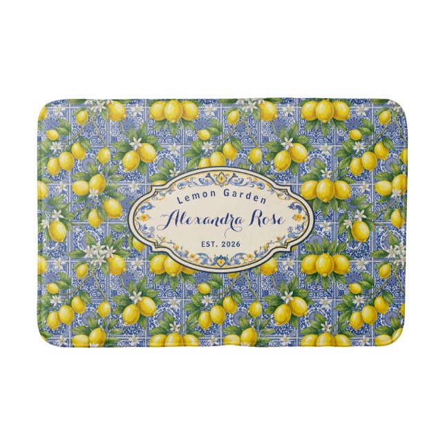 Tapis De Bain Monogram Name Lemon Blue French Country Tile  (Devant)