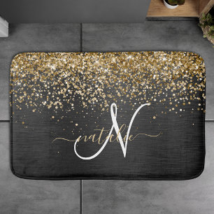 Tapis De Bain Monogramme à étincelle noire à Parties scintillant