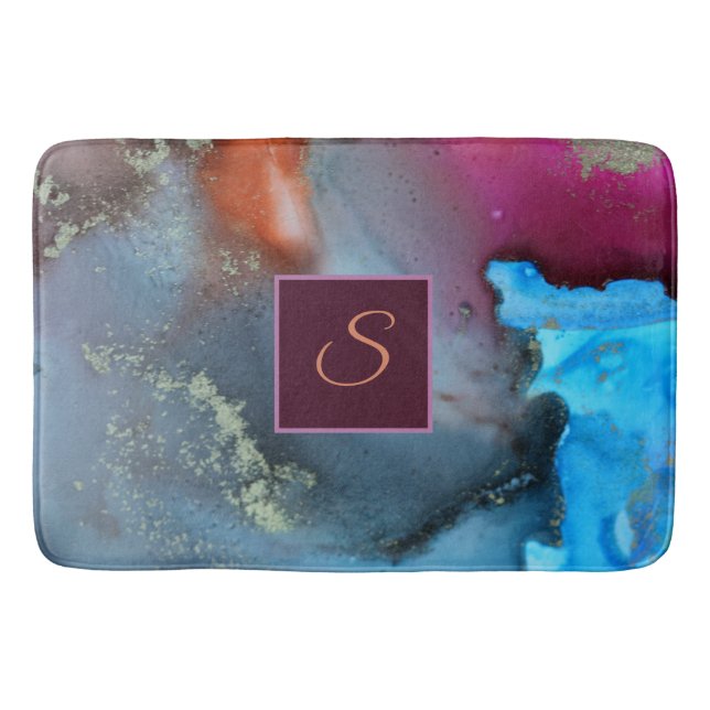 Tapis De Bain Monogramme Abstrait bleu orange rouge ondulé (Devant)