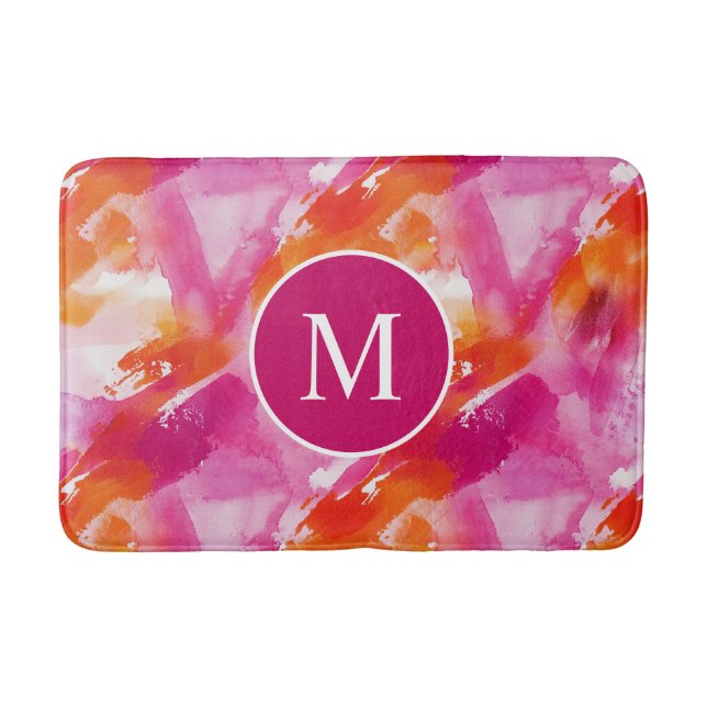 Tapis De Bain Monogramme Aquarelle rose orange Abstrait (Devant)