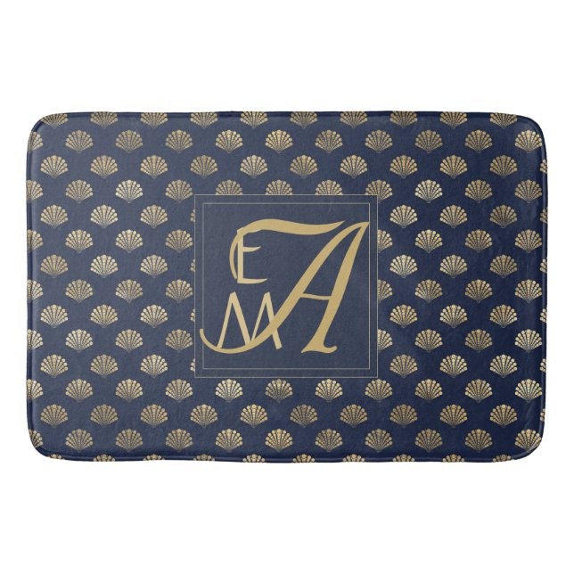 Tapis De Bain Monogramme ART DECO Coques Marine Blue Gold Nouvea (Devant)