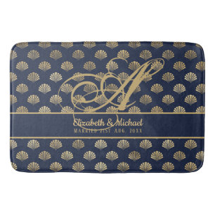 Tapis De Bain Monogramme ART Déco Marine Blue Gold Shells Newlyw