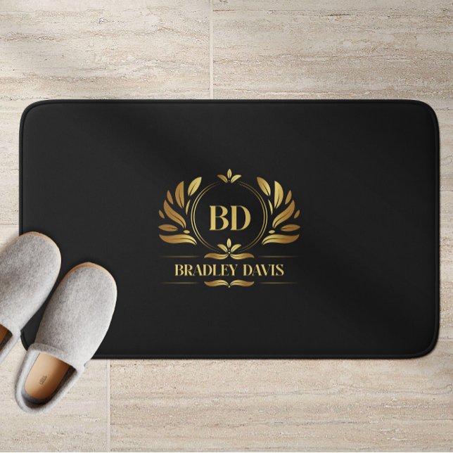 Tapis De Bain Monogramme Avec Nom Black Gold Elegant (Créateur téléchargé)