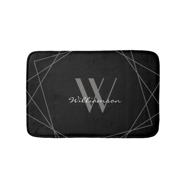 Tapis De Bain Monogramme blanc élégant et gris noir moderne (Devant)