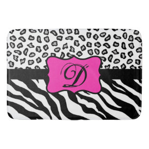 Tapis De Bain Monogramme blanc noir de peau de léopard de zèbr