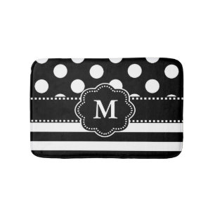 Tapis De Bain Monogramme blanc noir de rayure de points