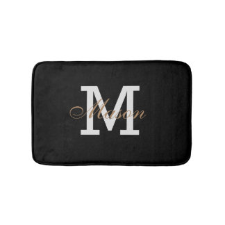 Tapis De Bain Monogramme blanc noir or moderne Personnalisé Chic