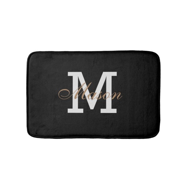 Tapis De Bain Monogramme blanc noir or moderne Personnalisé Chic (Devant)