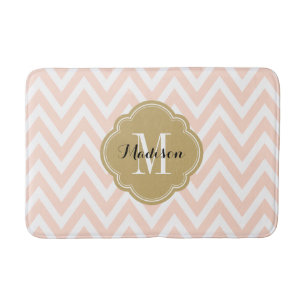 Tapis De Bain Monogramme blanc rose et or Chevron
