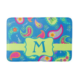 Tapis De Bain Monogramme bleu turquoise Paisley Motif moderne
