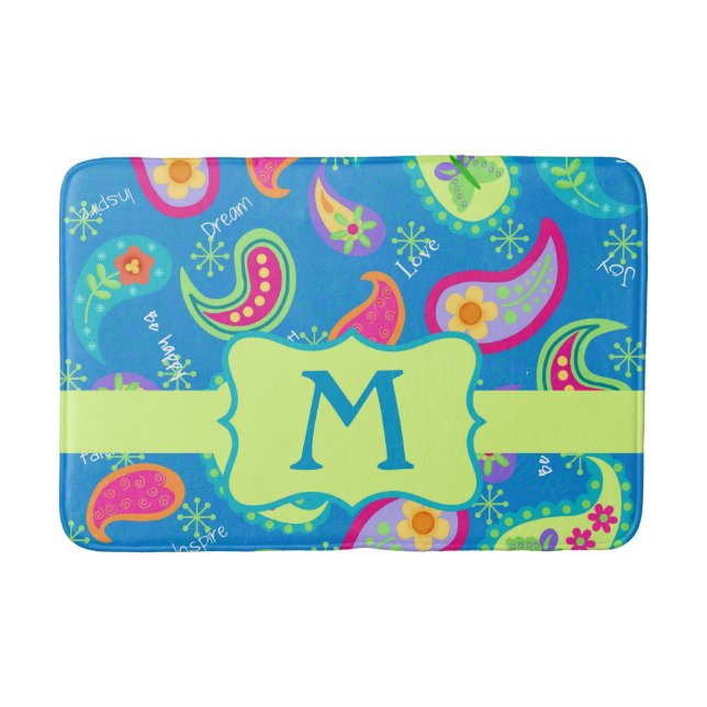 Tapis De Bain Monogramme bleu turquoise Paisley Motif moderne (Devant)