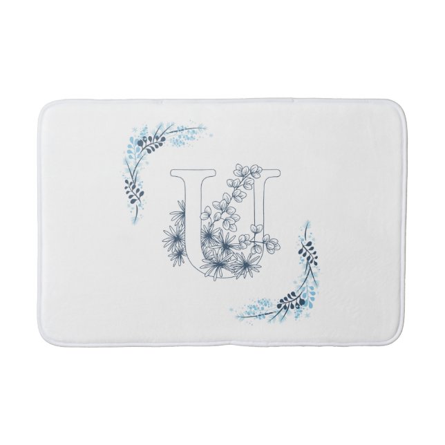 Tapis De Bain Monogramme bleu "U" initial Floral calme (Devant)