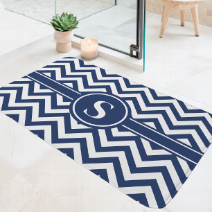 Tapis De Bain Monogramme Chevron Bleu Marine Et Blanc
