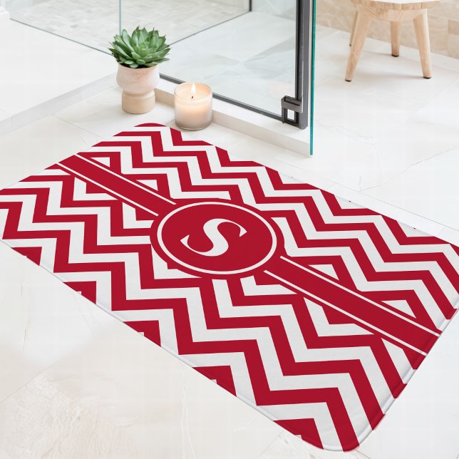 Tapis De Bain Monogramme Chevron Rouge Et Blanc (Créateur téléchargé)