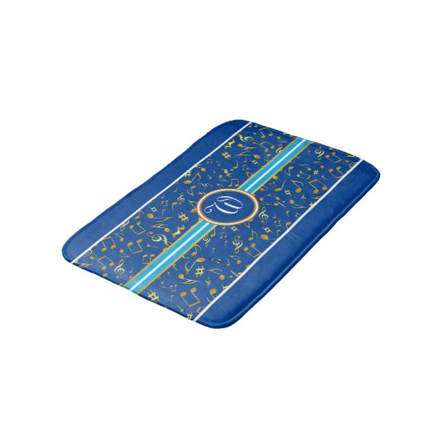 Tapis De Bain Monogramme classique avec Gold Music Notes sur BLU (Angle)