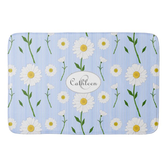 Tapis De Bain Monogramme Daisées d'été Motif Bleu clair Bleu ban (Devant)
