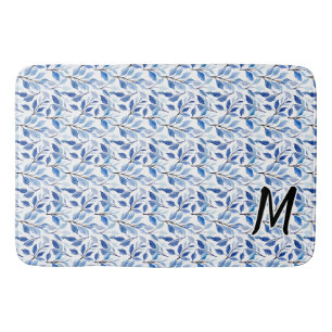 Tapis De Bain Monogramme d'art fin en mosaïque de feuilles bleue