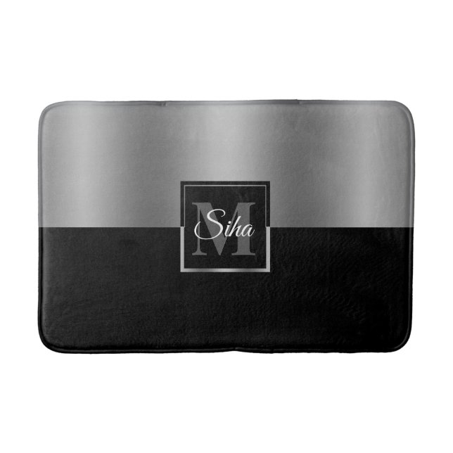 Tapis De Bain Monogramme de conception géométrique gris et noir (Devant)