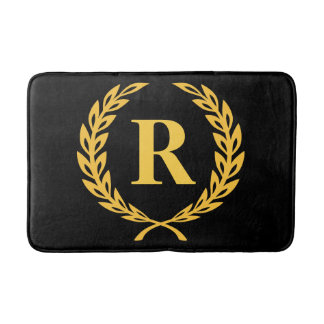 Tapis De Bain Monogramme de couronne de laurier noir et or