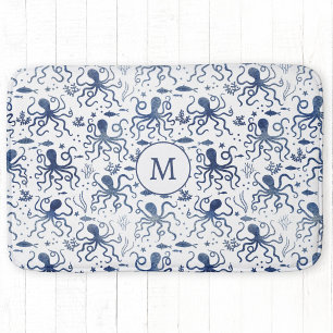 Tapis De Bain Monogramme de la Pieuvre Sous-Marine Aquarelle Ble