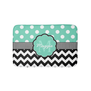 Tapis De Bain Monogramme de menthe Pois noire Chevron