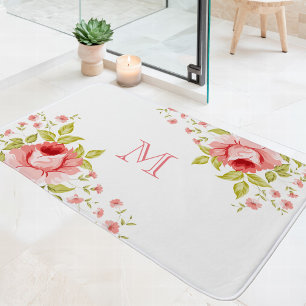 Tapis De Bain Monogramme de motif d'angle de roses roses de camp