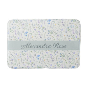 Tapis De Bain Monogramme de nom de fleur sauvage aquarelle bleu