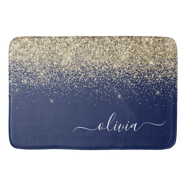 Tapis De Bain Monogramme de nom girly à paillettes bleu marine d (Devant)