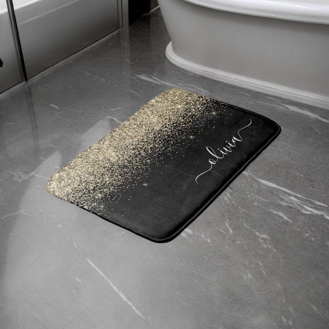 Tapis De Bain Monogramme de nom girly à paillettes dorées noires (Créateur téléchargé)