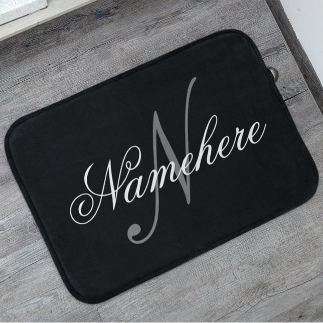 Tapis De Bain Monogramme de nom noir et blanc personnalisé uniqu (Créateur téléchargé)