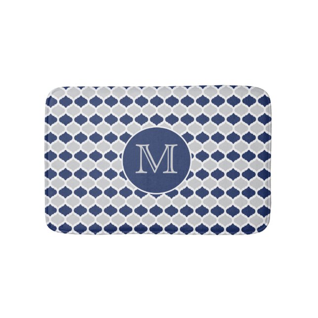 Tapis De Bain Monogramme de Quatrefoil bleu et gris (Devant)