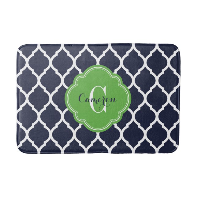 Tapis De Bain Monogramme de Quatrefoil Marocain Marine et Vert (Devant)