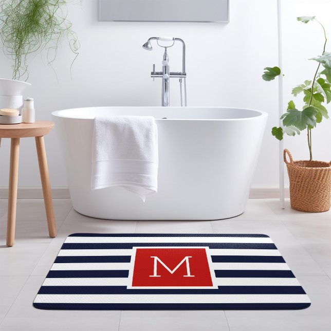 Tapis De Bain Monogramme des rayures rouge et marine (Créateur téléchargé)