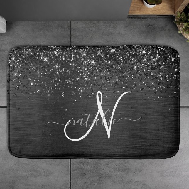 Tapis De Bain Monogramme d'étincelle à Parties scintillant noire (Créateur téléchargé)