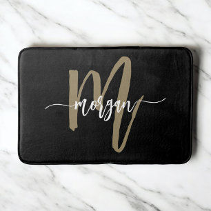 Tapis De Bain Monogramme d'or noir élégant moderne