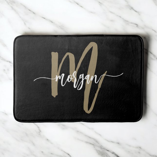 Tapis De Bain Monogramme d'or noir élégant moderne (Créateur téléchargé)