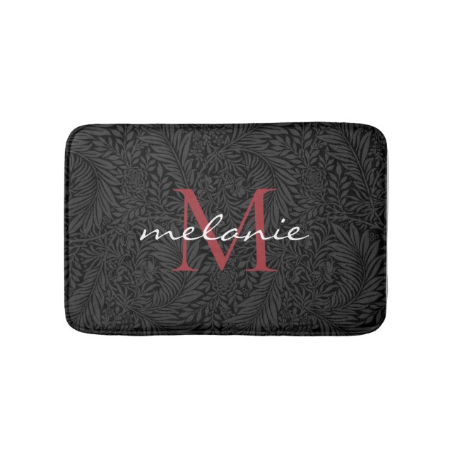 Tapis De Bain Monogramme élégant noir floral rouge (Devant)