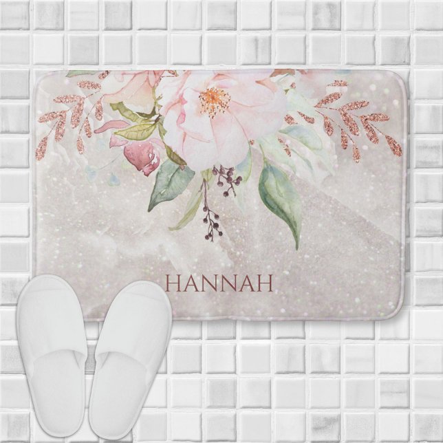 Tapis De Bain Monogramme Élégant rose rose et tourbillon floral (In situ)