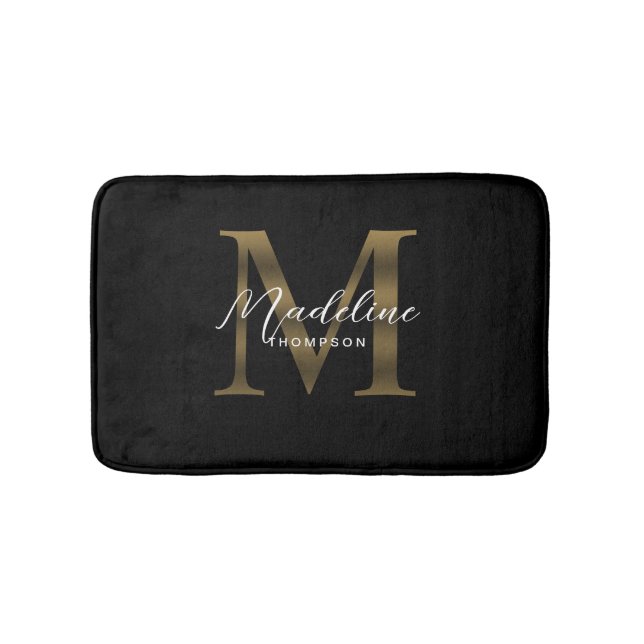 Tapis De Bain Monogramme en or noir métallique à script simple (Devant)