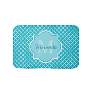 Tapis De Bain Monogramme et nom de Quatrefoil bleu turquoise cla