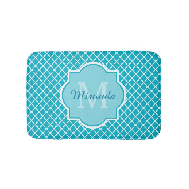 Tapis De Bain Monogramme et nom de Quatrefoil bleu turquoise cla (Devant)