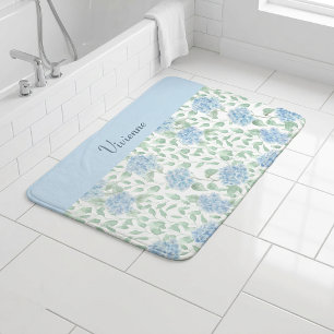 Tapis De Bain Monogramme Fleur Sauvage Aquarelle Bleu Vert