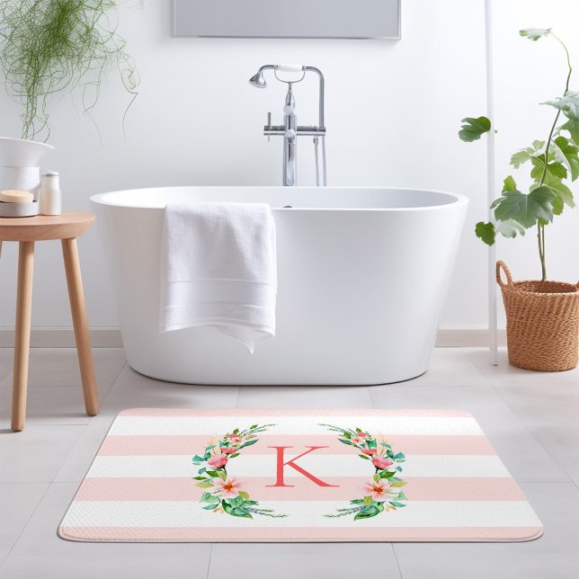 Tapis De Bain Monogramme floral paradis et rayures (Créateur téléchargé)