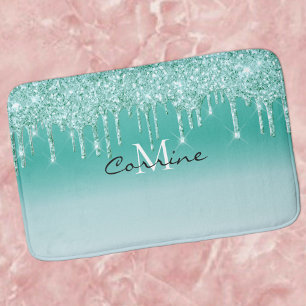 Tapis De Bain Monogramme Métallique Aqua Bleu Parties scintilla