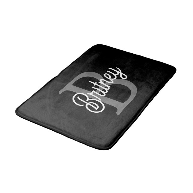 Tapis De Bain Monogramme moderne élégant Nom noir Gris noir Scri (Angle)