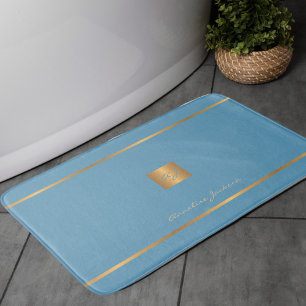 Tapis De Bain Monogramme moderne élégant paillettes bleues et or
