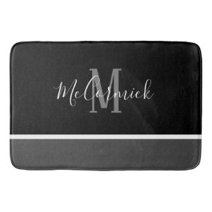 Tapis De Bain Monogramme moderne noir blanc gris rayé