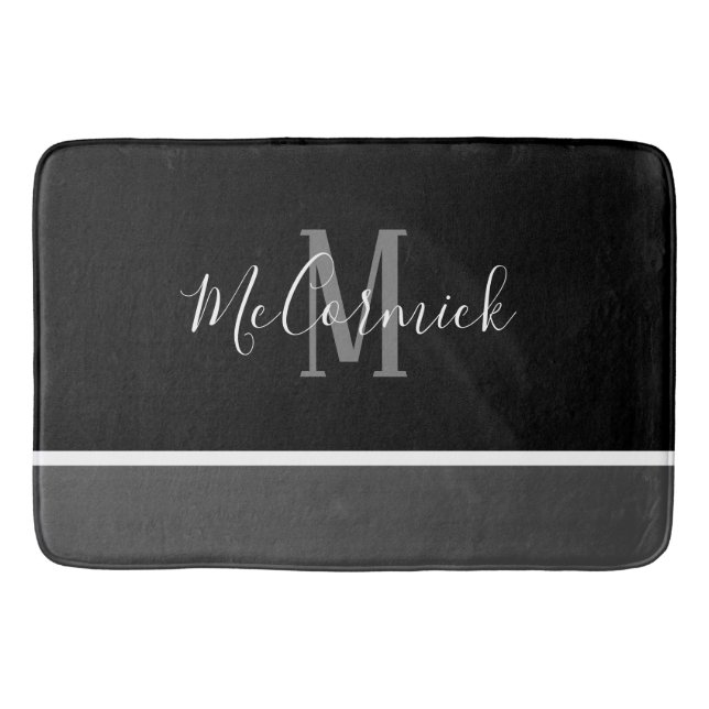 Tapis De Bain Monogramme moderne noir blanc gris rayé (Devant)