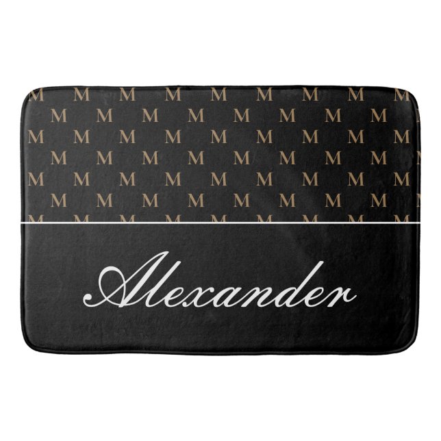 Tapis De Bain Monogramme moderne Noir Blanc Or Élégant (Devant)