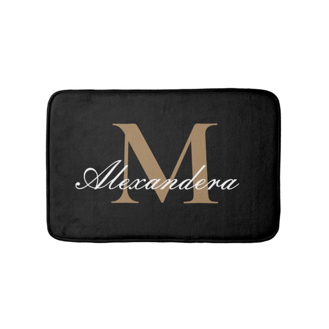 Tapis De Bain Monogramme Moderne Noir Blanc Or Élégant Script (Devant)